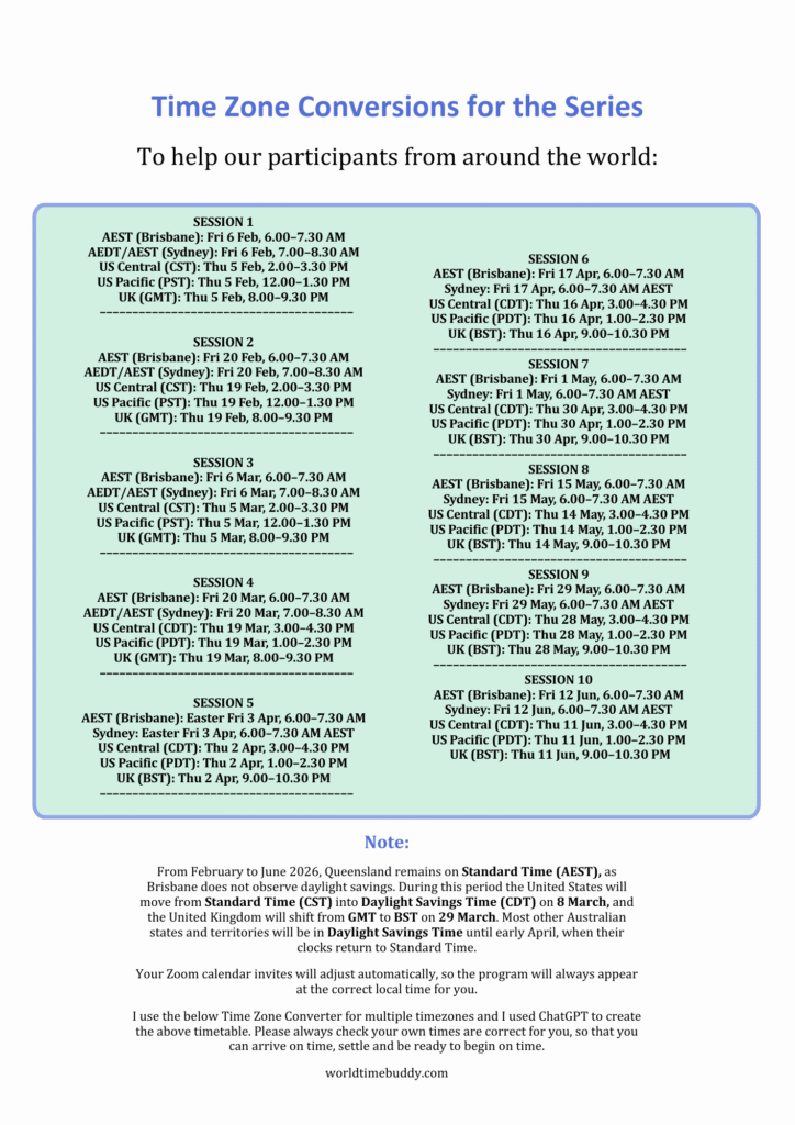 Global time zone table for Letting Go 2026